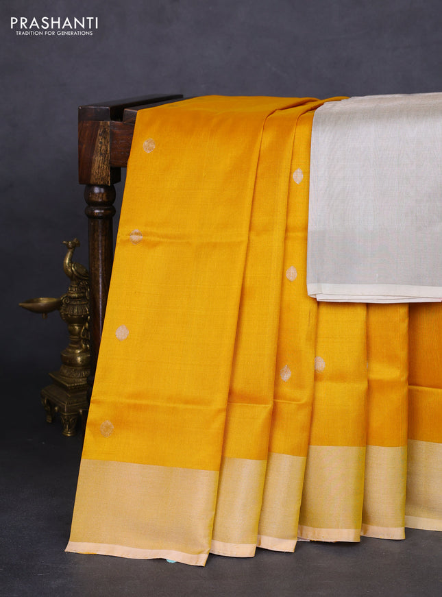 Pure uppada silk saree mustard yellow with silver zari woven coin buttas and silver zari woven border