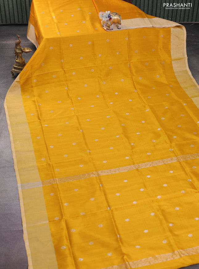 Pure uppada silk saree mustard yellow with silver zari woven coin buttas and silver zari woven border