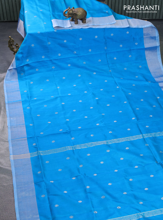 Pure uppada silk saree cs blue with silver zari woven coin buttas and silver zari woven border