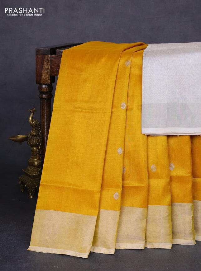 Pure uppada silk saree mustard yellow with silver zari woven coin buttas and silver zari woven border