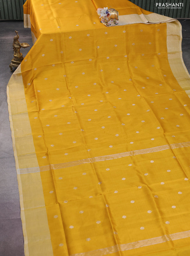 Pure uppada silk saree mustard yellow with silver zari woven coin buttas and silver zari woven border