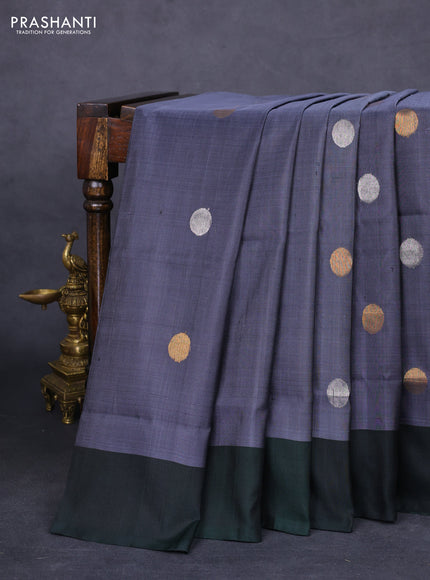 Pure uppada silk saree grey and bottle green with silver & gold zari woven coin buttas and simple border