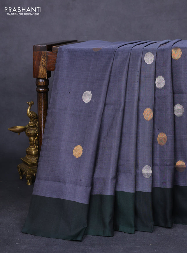 Pure uppada silk saree grey and bottle green with silver & gold zari woven coin buttas and simple border