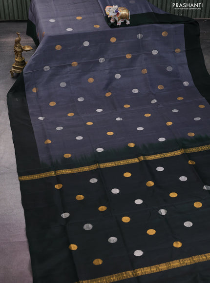 Pure uppada silk saree grey and bottle green with silver & gold zari woven coin buttas and simple border