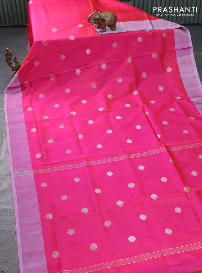 Pure uppada silk saree dual shade of pinkish orange with silver zari woven coin buttas and silver zari woven border