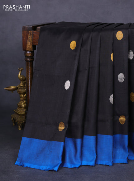 Pure uppada silk saree black and cs blue with silver & gold zari woven coin buttas and simple border