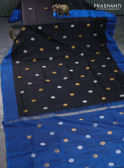 Pure uppada silk saree black and cs blue with silver & gold zari woven coin buttas and simple border