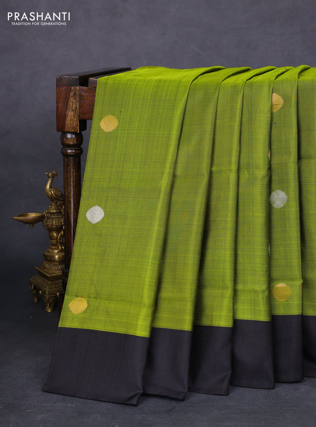 Pure uppada silk saree mehendi green and black with silver & gold zari woven coin buttas and simple border