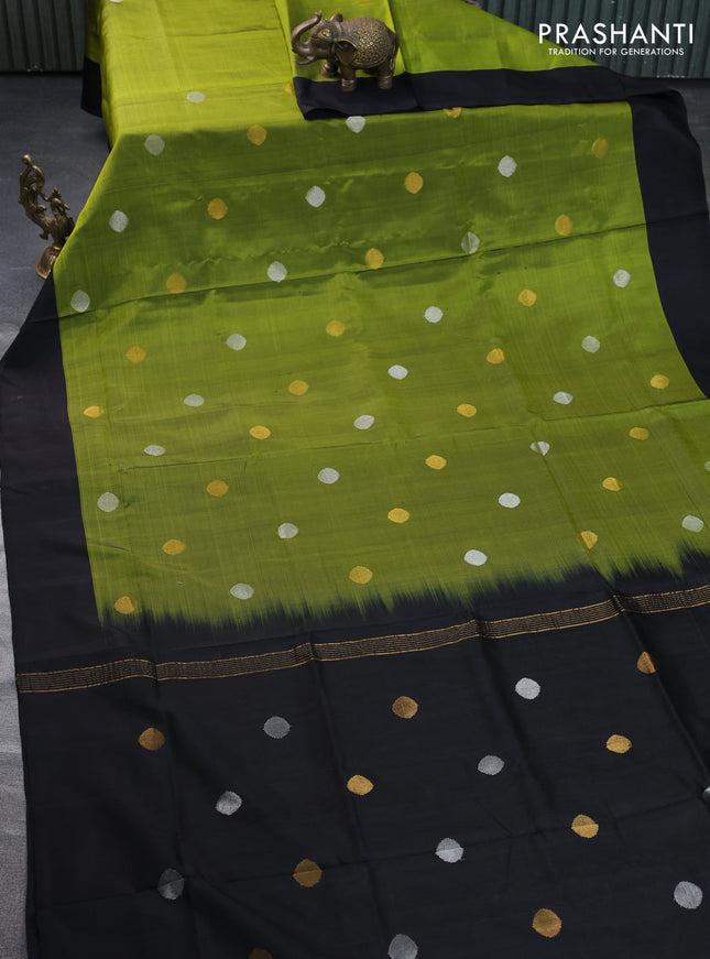 Pure uppada silk saree mehendi green and black with silver & gold zari woven coin buttas and simple border