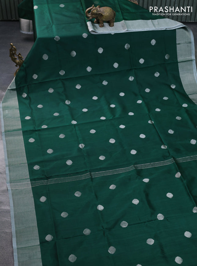 Pure uppada silk saree bottle green and grey with silver zari woven coin buttas and silver zari woven border