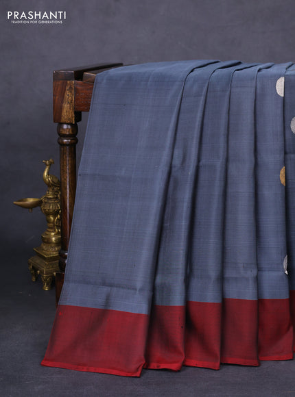 Pure uppada silk saree grey and maroon with silver & gold zari woven coin buttas and simple border