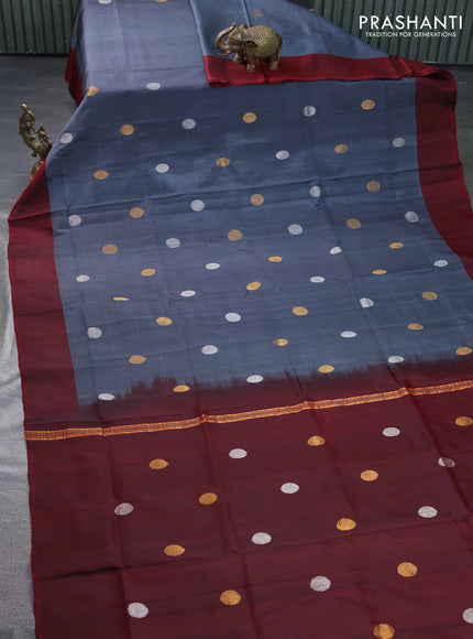 Pure uppada silk saree grey and maroon with silver & gold zari woven coin buttas and simple border