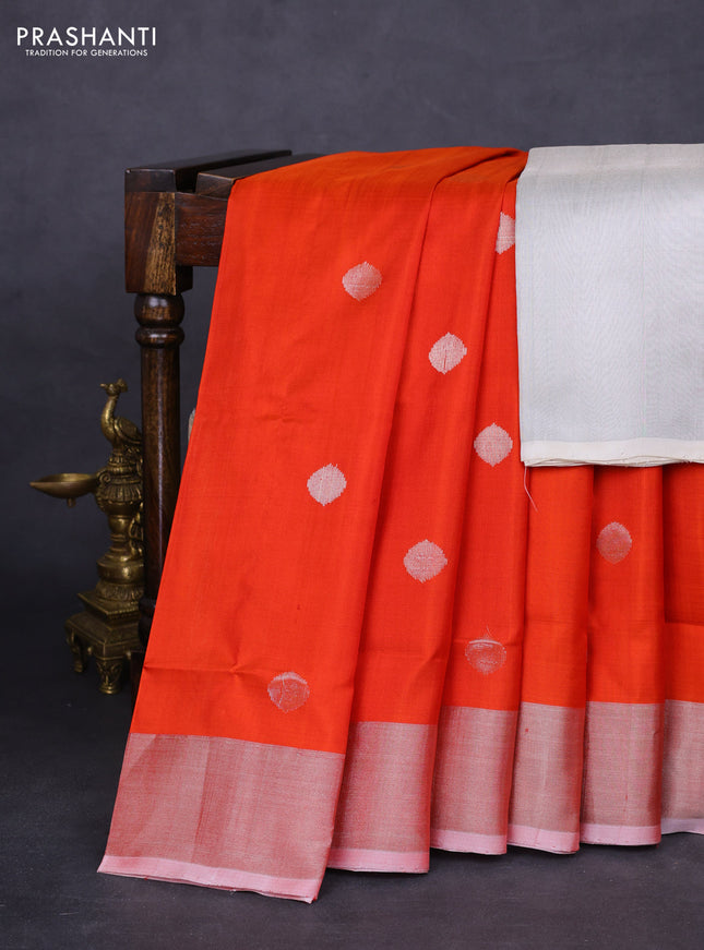 Pure uppada silk saree orange with silver & gold zari woven coin buttas and simple border