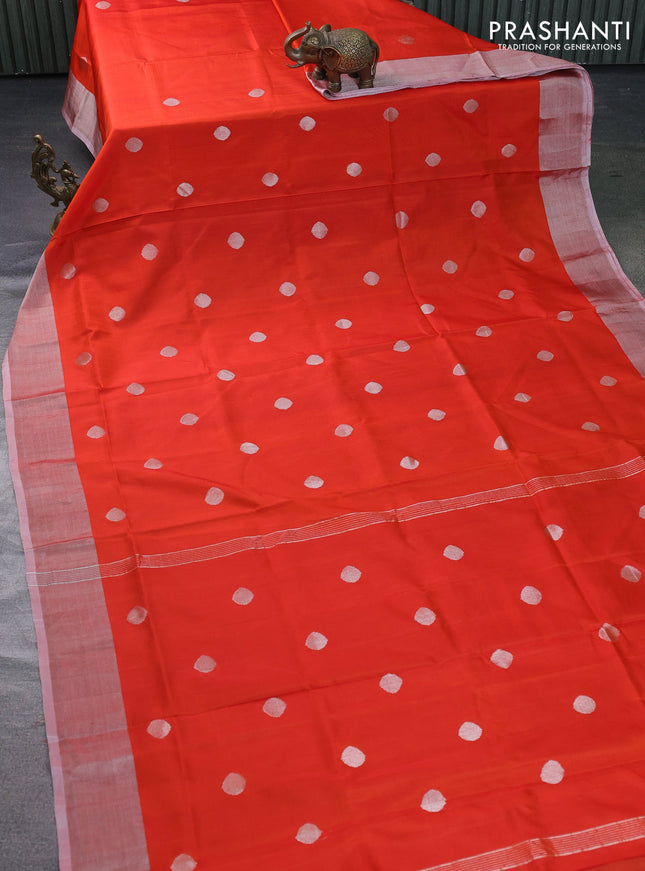 Pure uppada silk saree orange with silver & gold zari woven coin buttas and simple border