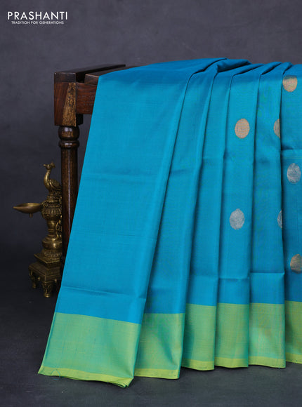 Pure uppada silk saree teal blue and dual shade of light green with silver & gold zari woven coin buttas and simple border