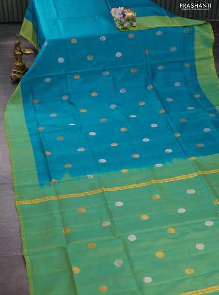 Pure uppada silk saree teal blue and dual shade of light green with silver & gold zari woven coin buttas and simple border