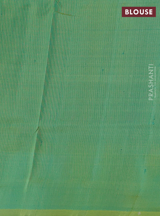 Pure uppada silk saree teal blue and dual shade of light green with silver & gold zari woven coin buttas and simple border