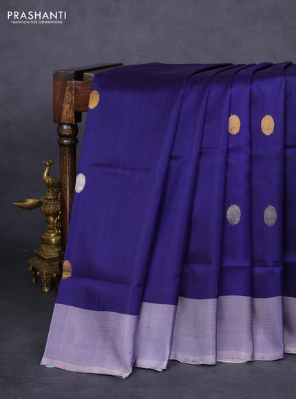 Pure uppada silk saree dark blue and grey shade with silver & gold zari woven coin buttas and simple border
