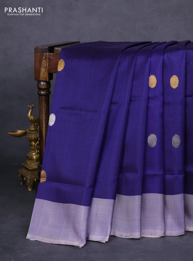 Pure uppada silk saree dark blue and grey shade with silver & gold zari woven coin buttas and simple border