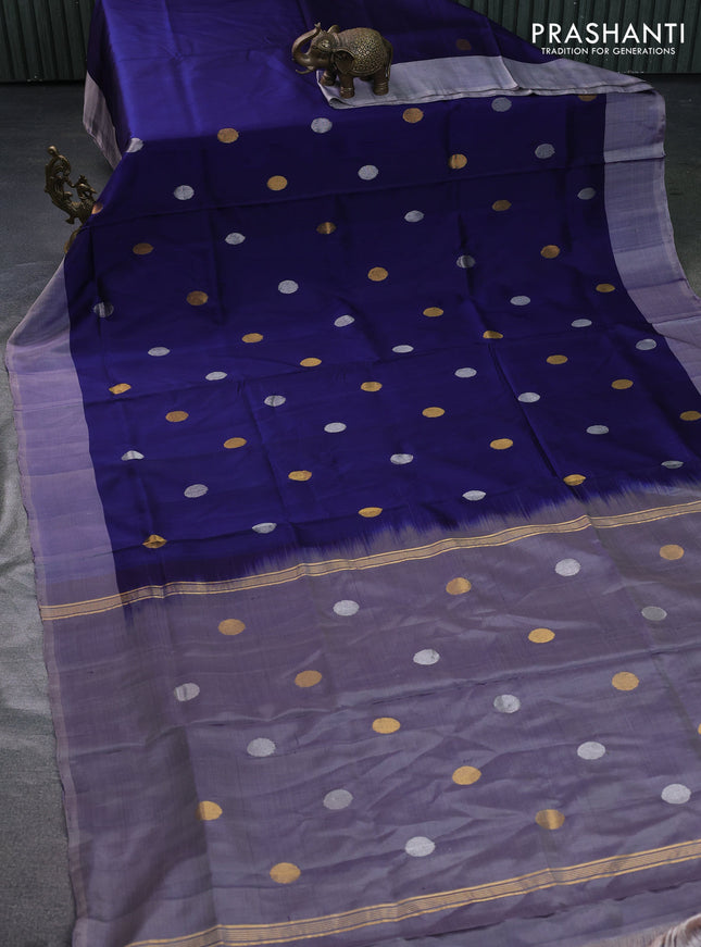 Pure uppada silk saree dark blue and grey shade with silver & gold zari woven coin buttas and simple border