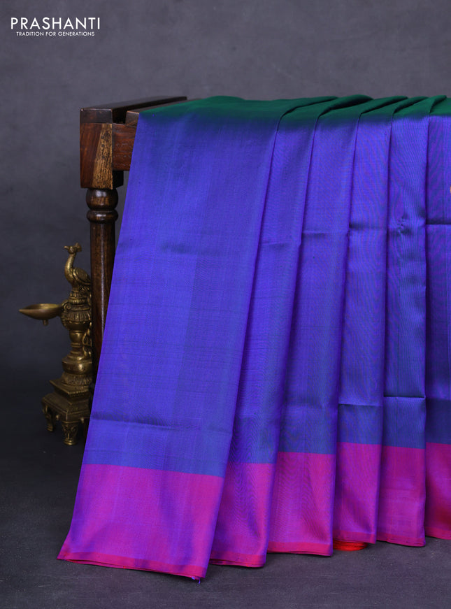 Pure uppada silk saree dual shade of bluish green and purple with silver & gold zari woven coin buttas and simple border
