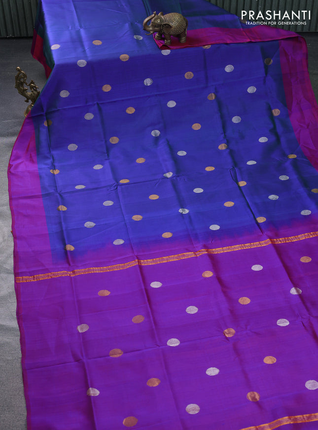 Pure uppada silk saree dual shade of bluish green and purple with silver & gold zari woven coin buttas and simple border