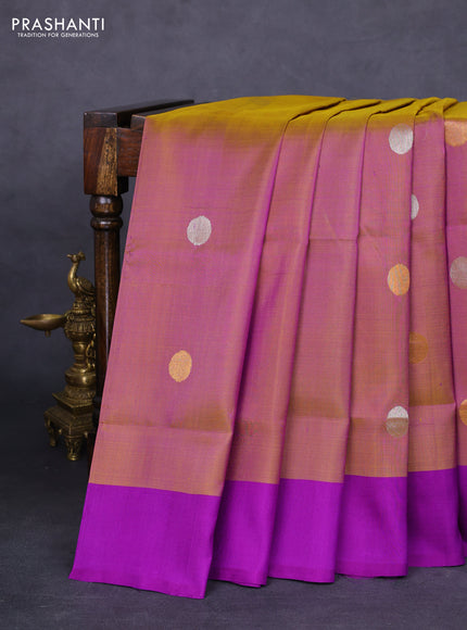 Pure uppada silk saree dual shade of dark mustard and purple with silver & gold zari woven coin buttas and simple border