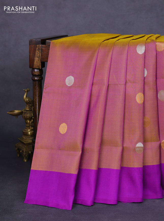 Pure uppada silk saree dual shade of dark mustard and purple with silver & gold zari woven coin buttas and simple border