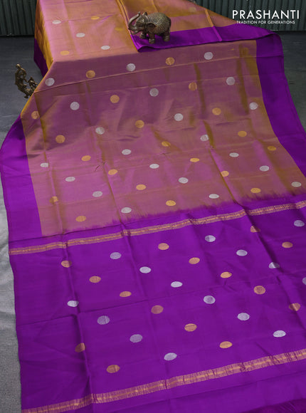 Pure uppada silk saree dual shade of dark mustard and purple with silver & gold zari woven coin buttas and simple border