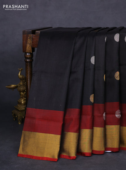 Pure uppada silk saree black and red with silver & gold zari woven coin buttas and simple border