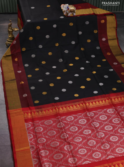 Pure uppada silk saree black and red with silver & gold zari woven coin buttas and simple border