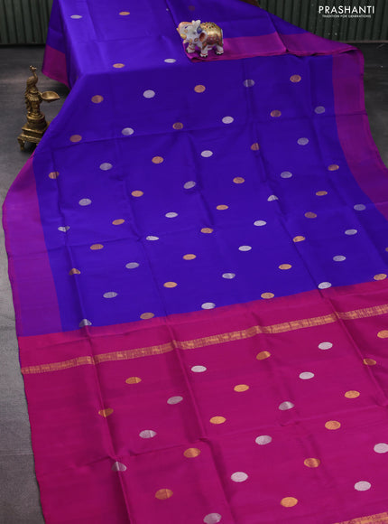 Pure uppada silk saree blue and pink with silver & gold zari woven coin buttas and simple border