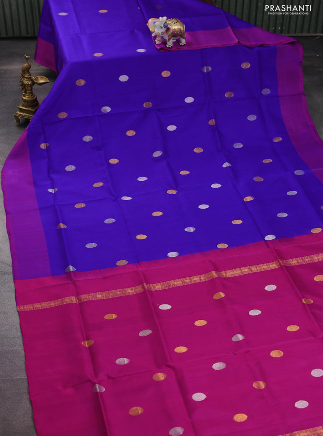 Pure uppada silk saree blue and pink with silver & gold zari woven coin buttas and simple border