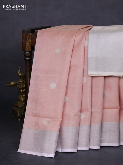 Pure uppada silk saree pastel peach with silver zari woven coin buttas and silver zari woven border