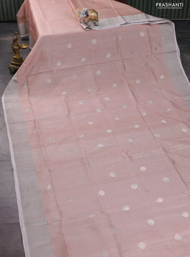 Pure uppada silk saree pastel peach with silver zari woven coin buttas and silver zari woven border