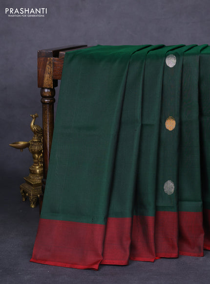 Pure uppada silk saree dark green and maroon with silver & gold zari woven coin buttas and simple border