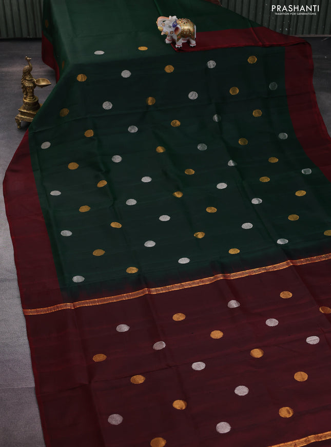 Pure uppada silk saree dark green and maroon with silver & gold zari woven coin buttas and simple border