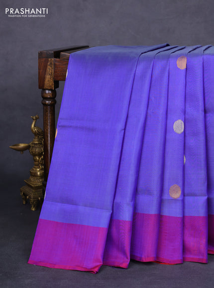 Pure uppada silk saree blue and dual shade of bluish maroon with silver & gold zari woven coin buttas and simple border
