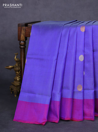 Pure uppada silk saree blue and dual shade of bluish maroon with silver & gold zari woven coin buttas and simple border