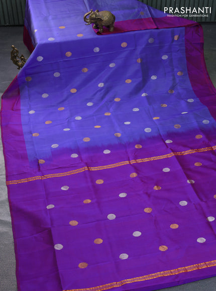 Pure uppada silk saree blue and dual shade of bluish maroon with silver & gold zari woven coin buttas and simple border