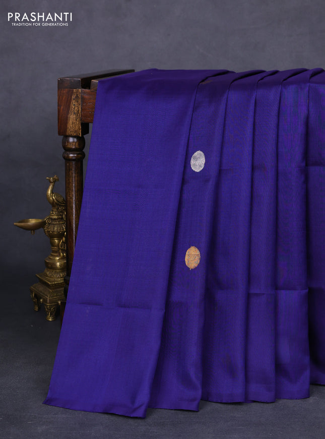 Pure uppada silk saree blue with silver & gold zari woven coin buttas in borderless style