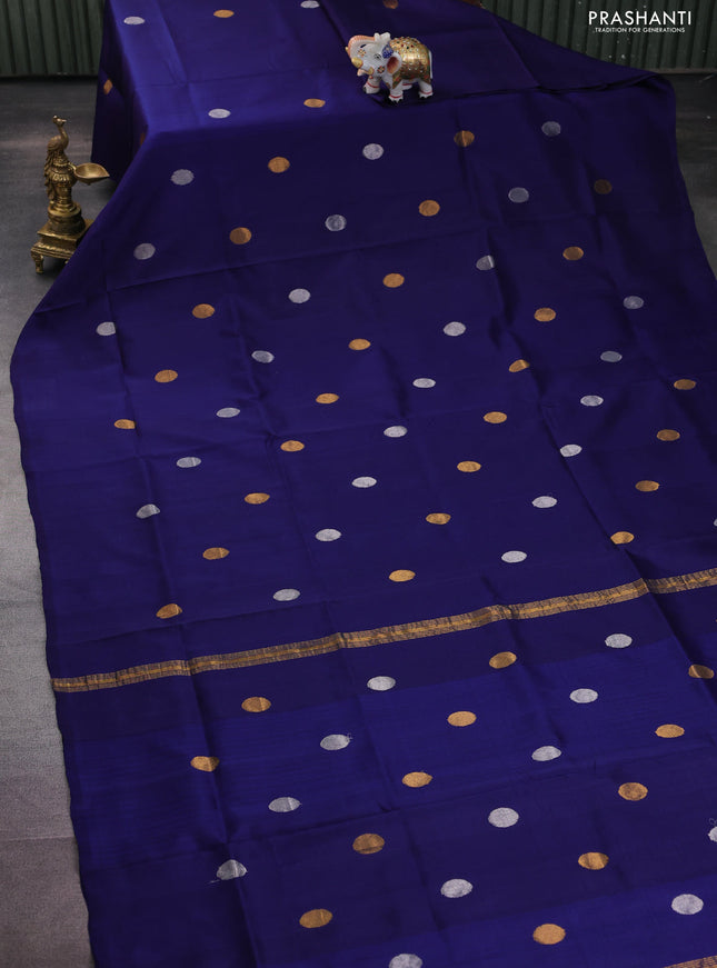 Pure uppada silk saree blue with silver & gold zari woven coin buttas in borderless style