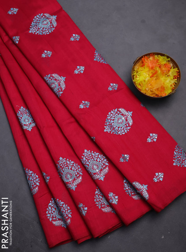 Semi raw silk saree pink with embroidery work buttas and embroidery butta border