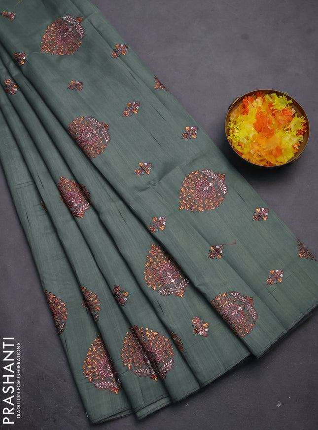 Semi raw silk saree green shade with embroidery work buttas and embroidery butta border