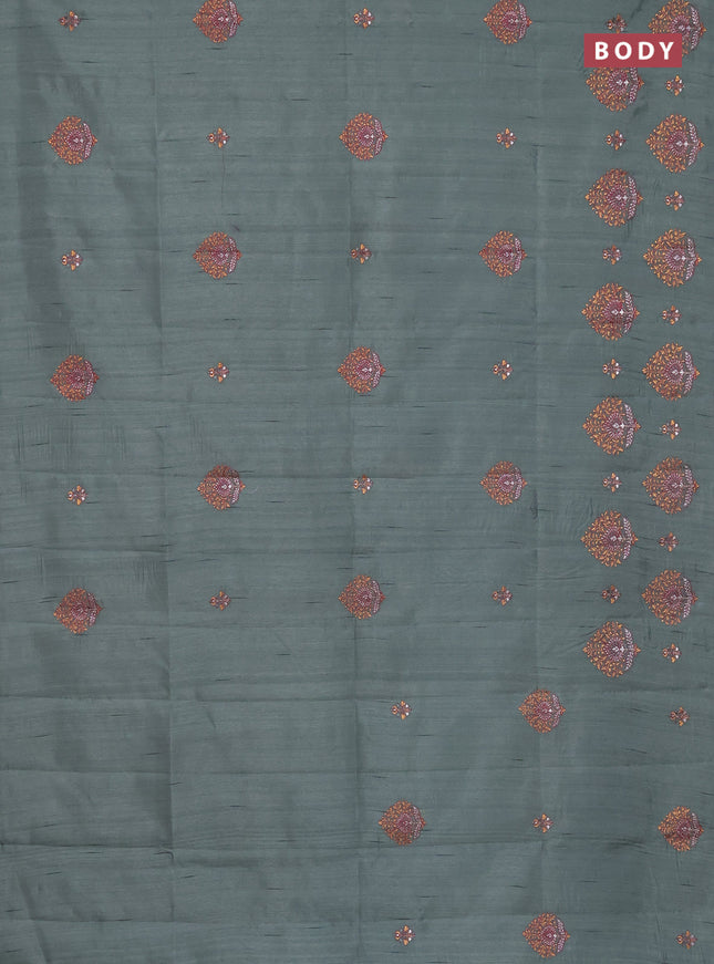 Semi raw silk saree green shade with embroidery work buttas and embroidery butta border