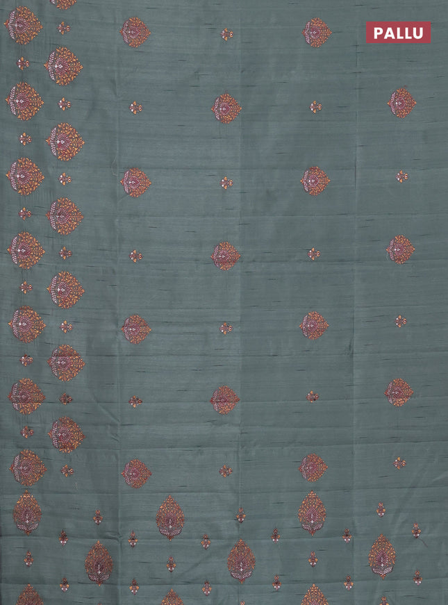 Semi raw silk saree green shade with embroidery work buttas and embroidery butta border