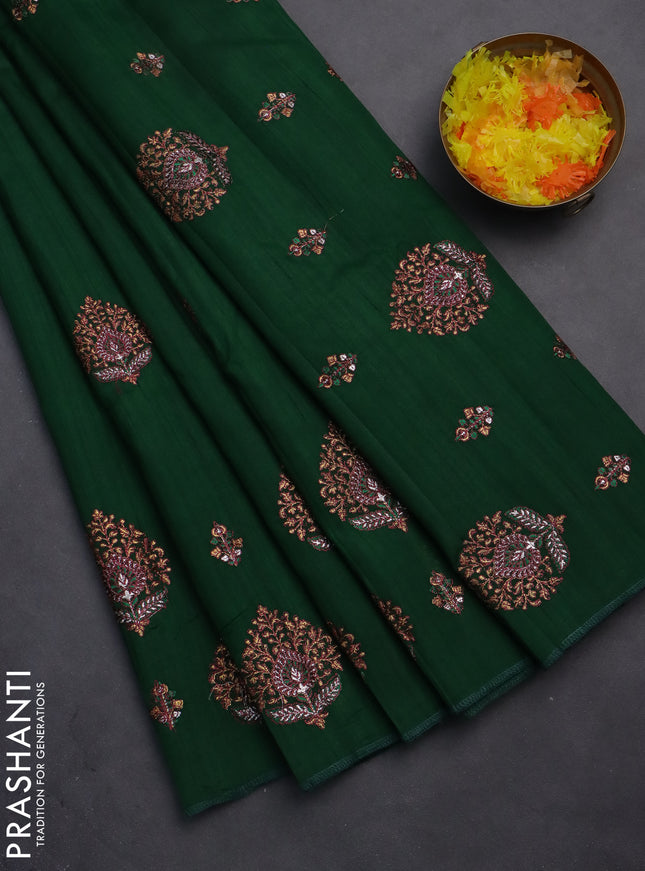 Semi raw silk saree green with embroidery work buttas and embroidery butta border