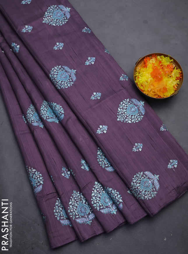 Semi raw silk saree jamun shade with embroidery work buttas and embroidery butta border