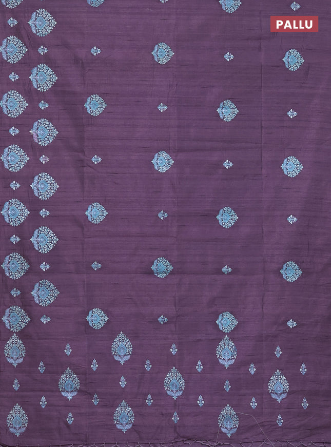 Semi raw silk saree jamun shade with embroidery work buttas and embroidery butta border