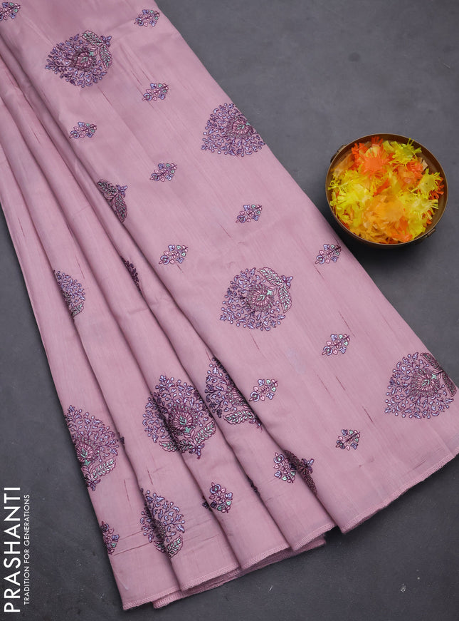 Semi raw silk saree pastel pink with embroidery work buttas and embroidery butta border